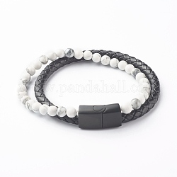 Natürliche Howlith runde Perlen mehrsträngige Armbänder, mit geflochtenem Rindsleder, weiß, 8-7/8 Zoll (22.5 cm)