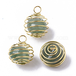 Colgantes de jaula de cuentas en espiral envolventes de hierro, con perlas de aventurina verde natural en el interior, redondo, dorado, 21x24~26mm, agujero: 5 mm