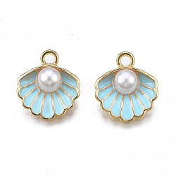 Pendentifs en alliage, avec imitation plastique ABS perle et émail, coquillage avec perle, or clair, bleu ciel, 16x15x7mm, Trou: 1.5mm