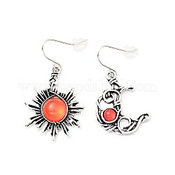 Asymmetrische Ohrringe aus Harzperlen mit Mond und Sonne, Ohrringe aus Legierung für Frauen, orange rot, 40.5~45 mm, Stift: 0.6 mm