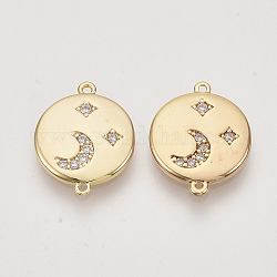 Brass Cubic Zirconia Links connectors, Real 18K Gold Plated, Flat Round with Moon & Star, Clear, Nickel Free, 16.5x13x2mm, Hole: 0.7~0.9mm