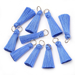 Décoration de pendentifs pompon en fil de nylon, avec les accessoires en laiton, or, bleuet, 35x7mm, Trou: 7mm