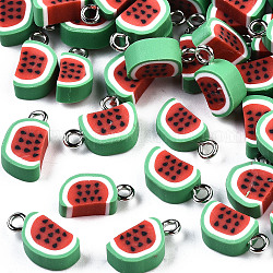 Handgefertigte Fimo Anhänger, mit Platin Zubehör aus Eisen, Wassermelone, lindgrün & rot, 14~16x8x4.5 mm, Bohrung: 1.8 mm