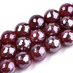 Electroplate Natural Agate Beads Strands, Dyed, Faceted, Pearl Luster Plated, Round, Dark Red, 10.5mm, Hole: 1.2mm, about 36~37pcs/strand, 14.37 inch~14.57 inch(36.5cm~37cm)