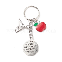 Porte-clés à breloque en alliage règle triangulaire pomme rouge, porte-clés plat rond avec mot pour les cadeaux de la fête des enseignants, argent antique et platine, 8 cm
