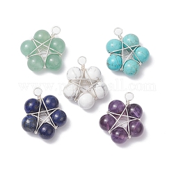 Brass Wire Wrapped Natural Gemstone Pendants, Star Charm, 77~79mm, Hole: 3.2mm, 5pcs/set