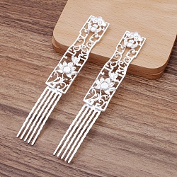 Iron Hair Comb Cabochon Settings, with Alloy Flower, Silver, 74x19mm, Tray: 6mm and 4mm