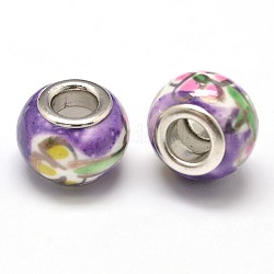 Ручной полимерной глины Rondelle европейские шарики, бусины с большим отверстием, с платинового цвета латуни двойные сердечники, средне фиолетовый, 13x9 мм, отверстие : 5 мм