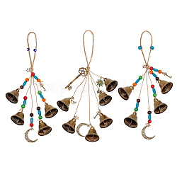 Iron Bell Pendant Decorations, with Wood Beads and Jute Cord, Witch Bell for Door Knob, Wind Chimes, Moon & Key, Antique Bronze, 305~315mm, 3 style, 1pc/style, 3pcs/set