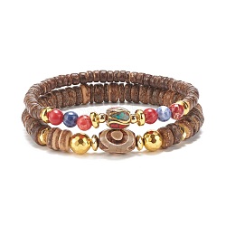 2 Stück Mala-Armbänder im 2-Stil, Natürliche Kokosnuss- und Edelstein-Stretcharmbänder, besetzt mit Dzi-Perlen im tibetischen Stil für Frauen, Innendurchmesser: 2-1/4 Zoll (5.7 cm), 1pc / style
