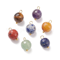Natural Mixed Stone Charms, with Golden Tone Brass Loops, Faceted, Round, 14.5x9.5~10.5mm, Hole: 2mm