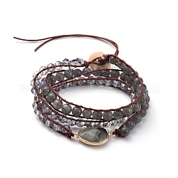 Bracelets en perles de verre facettées et labradorite naturelle, avec cordon en cuir de vachette et toile de jute, larme, 570x7mm