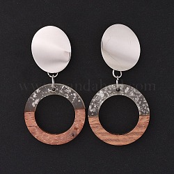 Resin & Wood Dangle Earrings, with Platinum Brass Stud Earrings Findings and 304 Stainless Steel Findings, Ring, Gray, 55mm, Pendant: 28x3.5mm, Pin: 0.8mm