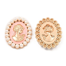 Cabochons en alliage de zinc émaillé, avec des perles d'imitation en plastique, ovale avec une femme, or clair, rose, 53x42x7.5mm