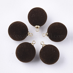 Flocky Acrylic Pendants, with Brass Findings, Round, Golden, Coconut Brown, 18x14mm, Hole: 1.6mm