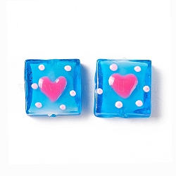 Perline murano fatto a mano, quadrata con motivo cuore, dodger blu, 16x15x6mm, Foro: 1.8 mm