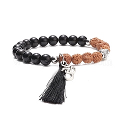 Bracelet perles mala, Bracelet extensible en rudraksha naturel et obsidienne naturelle et tête de bouddha en alliage, bracelet à breloques ohm/aum & pampille pour femme, noir, diamètre intérieur: 2-1/4 pouce (5.7 cm)