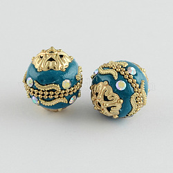 Round Handmade Grade A Rhinestone Indonesia Beads, with Alloy Golden Metal Color Cores, Steel Blue, 18x19mm, Hole: 2mm