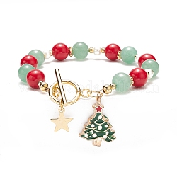 Emaille-Armband aus Weihnachtsbaum- und Sternlegierung, Natürliches Mashan-Jade- und grünes Aventurin-Perlenarmband für Frauen, Farbig, 7-5/8 Zoll (19.5 cm)
