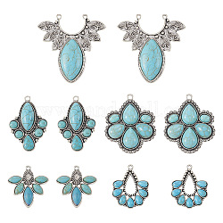 Beadthoven 10Pcs 5 Styles Alloy Pendants, with Synthetic Turquoise, Mixed Shapes Charms, Antique Silver, 33~55x29~54x4~6.5mm, Hole: 2~3mm, 2pcs/style