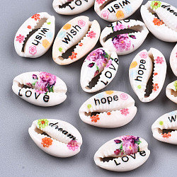 Perles de coquillage cauri naturelles imprimées, pas de trous / non percés, avec motif de mot et de fleur, couleur mixte, 18~22x13~14x6~8mm