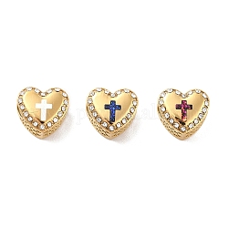 304 Stainless Steel European Beads, Large Hole Beads, with Rhinestone and Enamel, Heart with Cross, Mixed Color, Golden, 11.5x12.5x8.2mm, Hole: 4.2mm