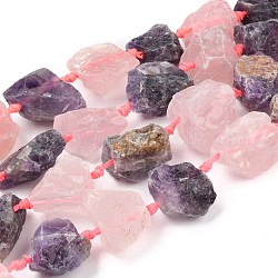 Fili di perle di ametista naturale grezzo grezzo e quarzo rosa, pepite, 15~27x16~29mm, Foro: 1.5 mm, circa 14~16pcs/filo, 15.55''~16.34'' (39.5~41.5 cm)