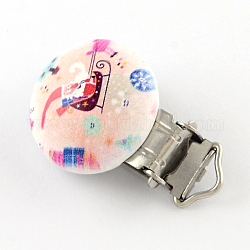 Sleigh with Presents Pattern Printed Wooden Baby Pacifier Holder Clip with Iron Clasp, Flat Round, Platinum, PeachPuff, 30x30mm