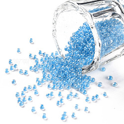 11/0 Grade A Transparent Glass Seed Beads, Inside Color, Luster Plated, Round, Deep Sky Blue, 2.3x1.5mm, Hole: 1mm, about 5300pcs/50g