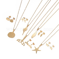 304 Stainless Steel Jewelry Sets, Stud Earrings & Pendant Necklaces, Ocean Theme, Mixed Shapes, Golden, 17.44''~17.91''(44.3~45.5cm), 8.5~13x4~13x1.5mm, Pin: 0.8mm