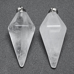 Pendentifs pointus en cristal de quartz naturel, pendentifs en cristal de roche, avec les accessoires en laiton, balle, platine, 38.5x16x14.5mm, Trou: 5x8mm
