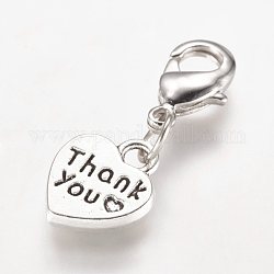 Legierung Anhänger, mit Messing Karabinerverschlüsse, Herz mit Wort danke, Antik Silber Farbe, 26 mm
