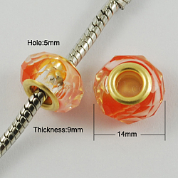 Glass European Beads, with Golden Plated Brass Double Cores, Faceted, Rondelle, Orange Red, 14x9mm, Hole: 5mm