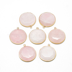 Pendentifs de quartz rose naturel, avec les accessoires en laiton, facette, plat rond, or, rose brumeuse, 35.5x31.5x6~7mm, Trou: 2mm