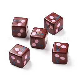 Perles acryliques imprimés opaques, cube avec motif cerise, perle rose, 13.5x13.5x13.5mm, Trou: 3.8mm