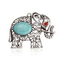 Antique Silver Plated Alloy Synthetic Turquoise Elephant Big Pendants, with Rhinestones, Sky Blue, 63x49x8mm, Hole: 3mm