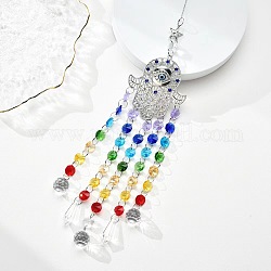 Hamsa Hand/Hand of Miriam with Evil Eye Alloy Pendant Decoration, Hanging Suncatcher, with Glass Teardrop/Cone Charm and Octagon Link, Colorful, 490mm