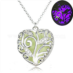 Collier pendentif cage coeur en alliage avec pierre de luminaires synthétiques, bijoux phosphorescents pour femme, couleur d'argent, violet, 20.28 pouce (51.5 cm)