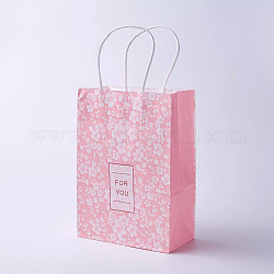 Sacs en papier kraft, avec poignées, sacs-cadeaux, sacs à provisions, rectangle, motif de fleur, rose, 21x15x8 cm