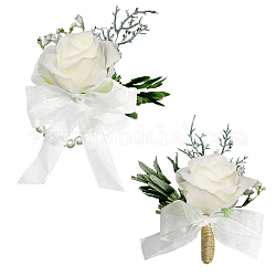 Broches de cinta de seda y muñeca, con pulseras elásticas de seda imitación flores y perlas, para la boda, decoraciones de fiesta, blanco, 155~185x108~109x54~60mm