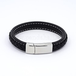Pulseras cordón de cuero trenzado estilo informal unisex, con 304 cierres de acero inoxidable, negro, 215x12x6mm