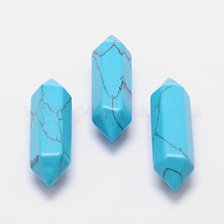Perles de point turquoise synthétiques à facettes teintes pour la fabrication de pendentifs enroulés de fil, pas de trous / non percés, point double terminé, bleu, 30~33x9x8mm