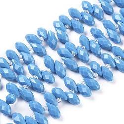 Imitation Jade Opaque Solid Color Glass Beads Strands, Top Drilled Beads, Faceted, Teardrop, Dodger Blue, 12x5.5~6mm, Hole: 0.8mm, about 99pcs/strand, 16.93 inch(43cm)