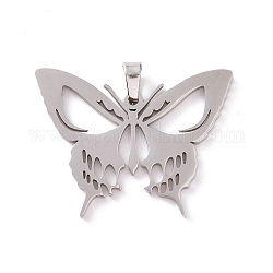 Hollow 201 Stainless Steel Pendants, Butterfly, Stainless Steel Color, 31x41x2mm, Hole: 4x6mm