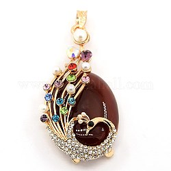 Multi-Color Alloy Rhinestone Peacock Setting with Oval Natural Gemstone Big Pendants, Golden Metal Color, Red Agate, 66x33x15mm, Hole: 7x5mm