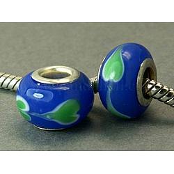 Handmade Lampwork European Beads, Large Hole Beads, Medium Blue, 13x9mm, Hole: 5mm