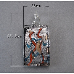 1PC Rectangle Handmade Silver Foil Glass Pendants, Colorful, Size: about 26mm wide, 57.5mm long, 8.5mm thick, hole: 8mm wide, 8.5mm long