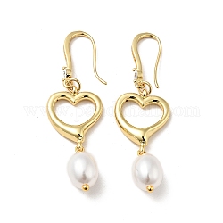 Boucles d'oreilles pendantes coeur avec perle d'imitation ABS, bijoux en laiton de placage de rack pour les femmes, véritable 18k plaqué or, 50mm, pin: 0.8 mm