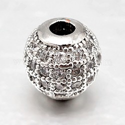 Perles rondes en laiton avec zircone cubique de micro pave, clair, platine, 12mm, Trou: 2mm