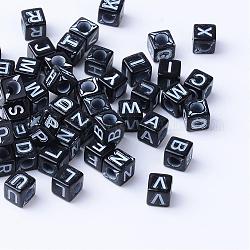 Perles de lettre de trou horizontal acryliques artisanales, cube, noir, 6.5~7x6.5~7x6.5~7mm, Trou: 3.5mm, environ 2000 pcs/500 g